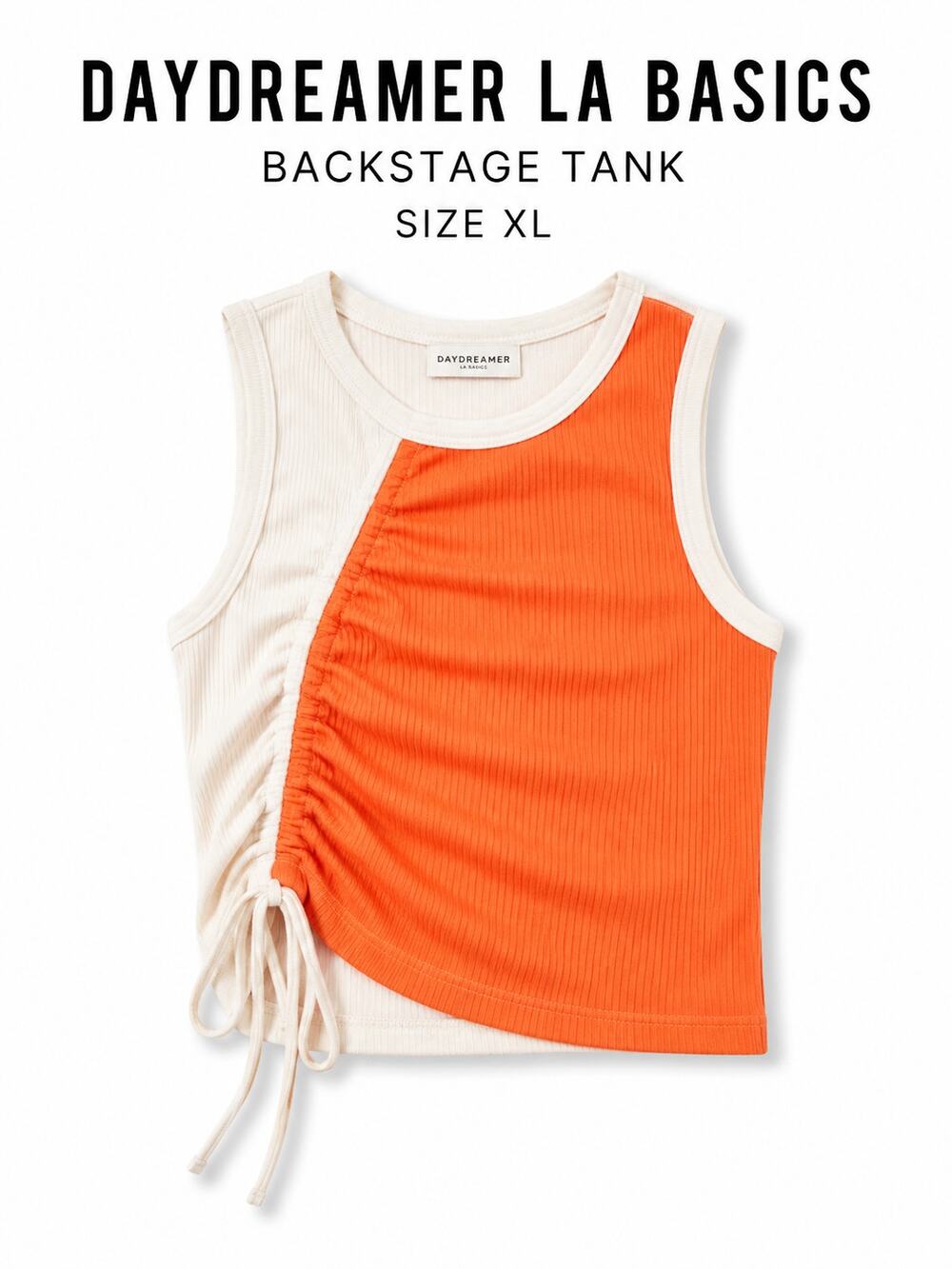 Daydreamer LA Basics Backstage Ribbed Ruched Tank Top Orange Ivory NWT XL